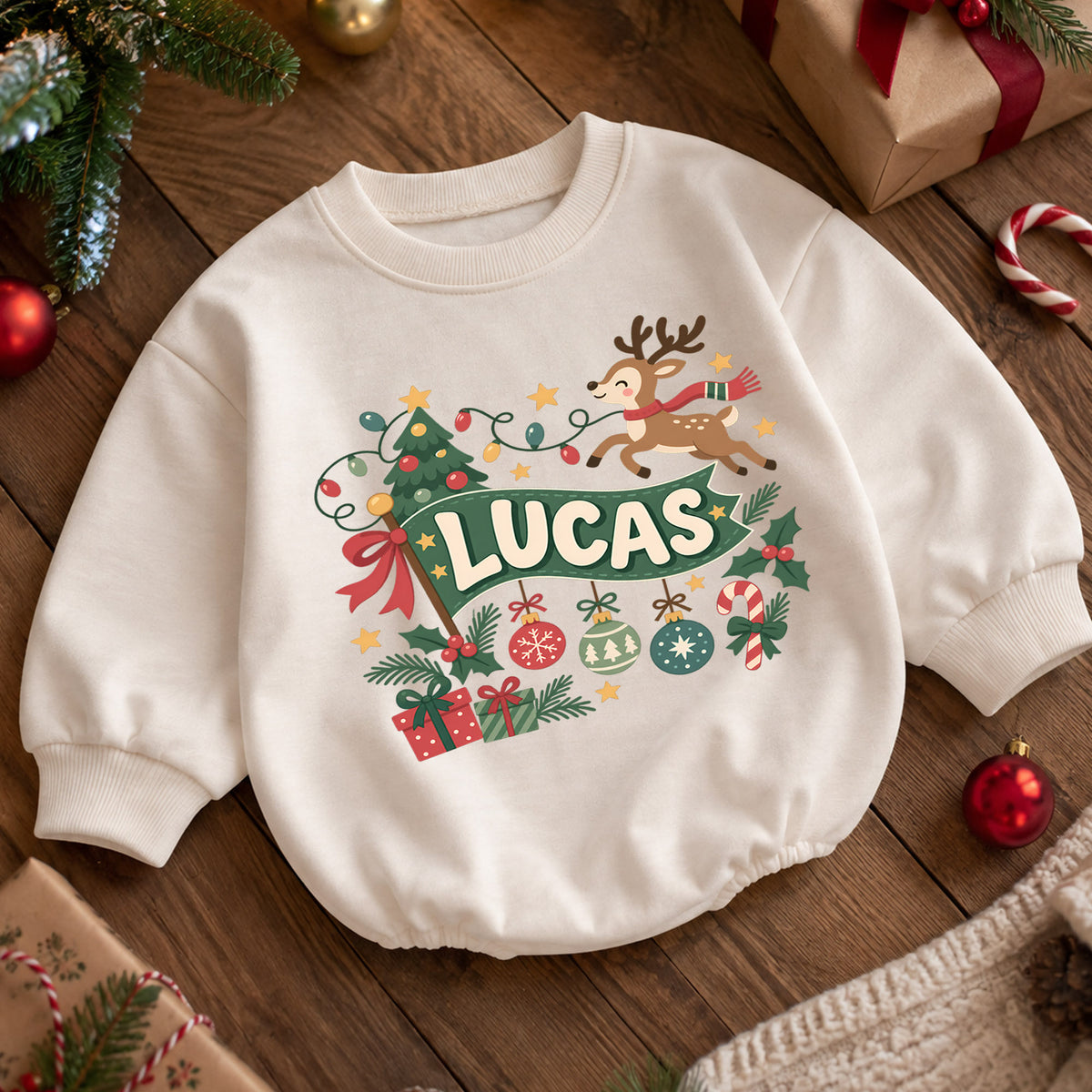 Custom Name Reindeer Christmas Romper, Personalized Holiday Banner Outfit, 1st Christmas Baby Gift, My First Birthday Keepsake — product view 5