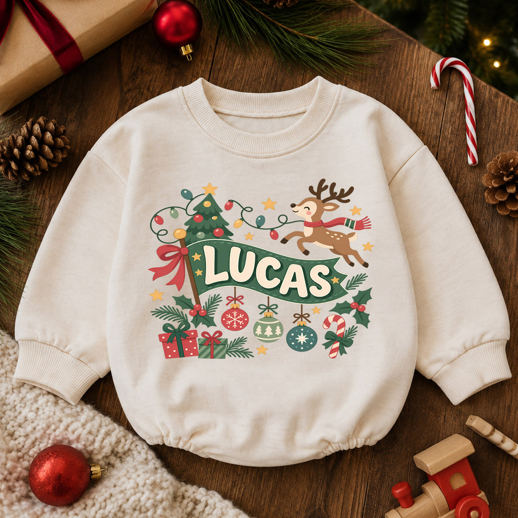 Custom Name Reindeer Christmas Romper, Personalized Holiday Banner Outfit, 1st Christmas Baby Gift, My First Birthday Keepsake — product view 6