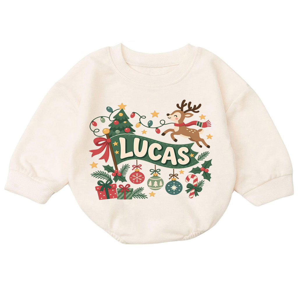Custom Name Reindeer Christmas Romper, Personalized Holiday Banner Outfit, 1st Christmas Baby Gift, My First Birthday Keepsake — product view 7