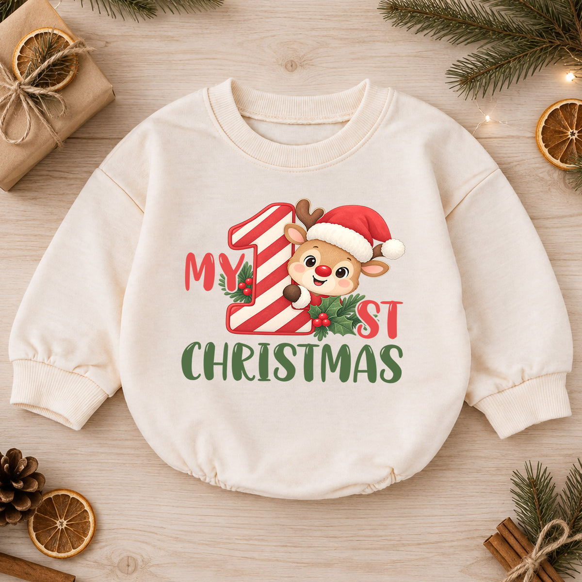 My 1st Christmas Reindeer Romper, Baby First Holiday Romper, Toddler Christmas Outfit, Cute Reindeer Baby Christmas Gift — product view 1