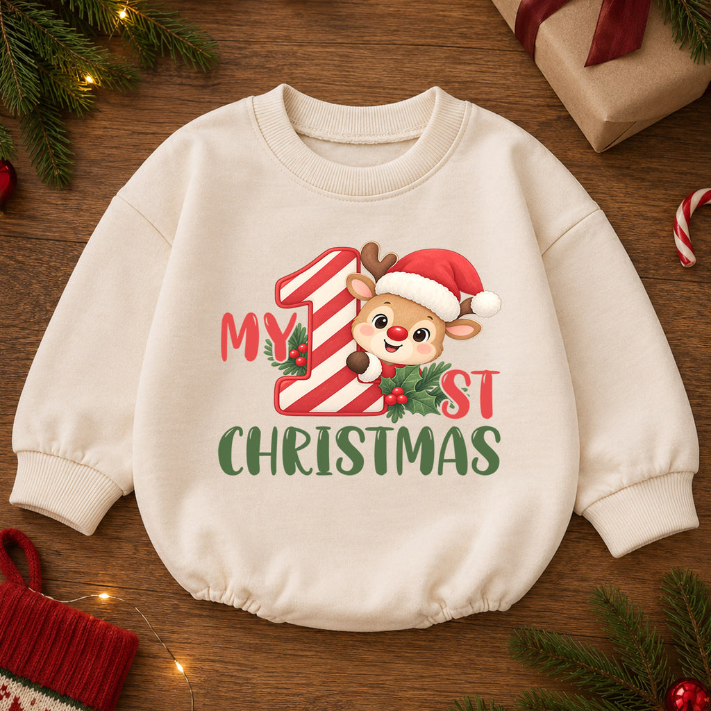 My 1st Christmas Reindeer Romper, Baby First Holiday Romper, Toddler Christmas Outfit, Cute Reindeer Baby Christmas Gift — product view 2