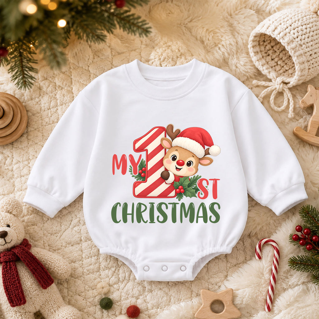 My 1st Christmas Reindeer Romper, Baby First Holiday Romper, Toddler Christmas Outfit, Cute Reindeer Baby Christmas Gift — product view 3