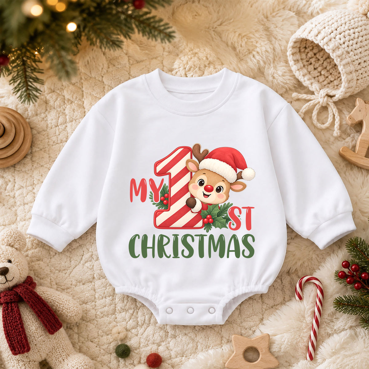 My 1st Christmas Reindeer Romper, Baby First Holiday Romper, Toddler Christmas Outfit, Cute Reindeer Baby Christmas Gift — product view 3