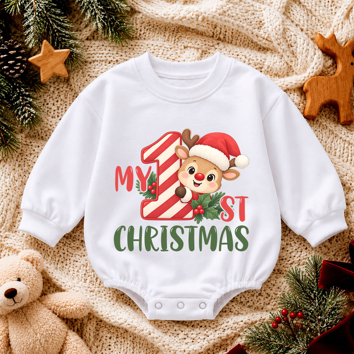 My 1st Christmas Reindeer Romper, Baby First Holiday Romper, Toddler Christmas Outfit, Cute Reindeer Baby Christmas Gift — product view 4