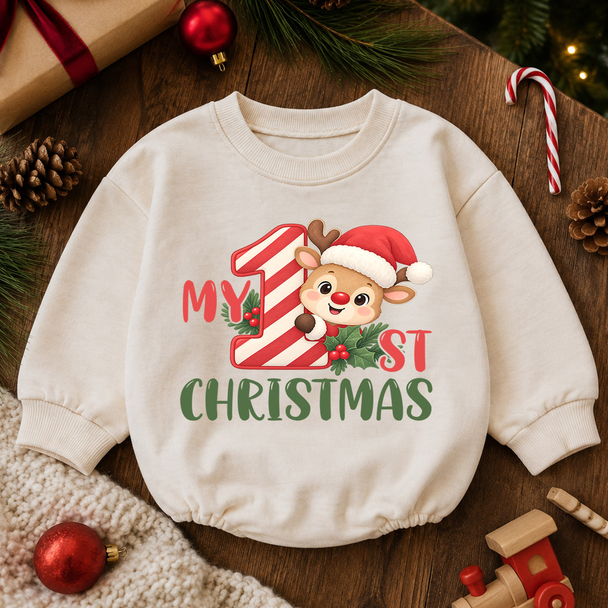 My 1st Christmas Reindeer Romper, Baby First Holiday Romper, Toddler Christmas Outfit, Cute Reindeer Baby Christmas Gift — product view 6