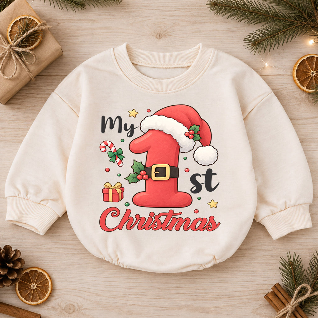 My 1st Christmas Baby Romper, Santa Number One Toddler Romper, First Holiday Christmas Outfit, Baby Xmas Romper Gift — product view 1