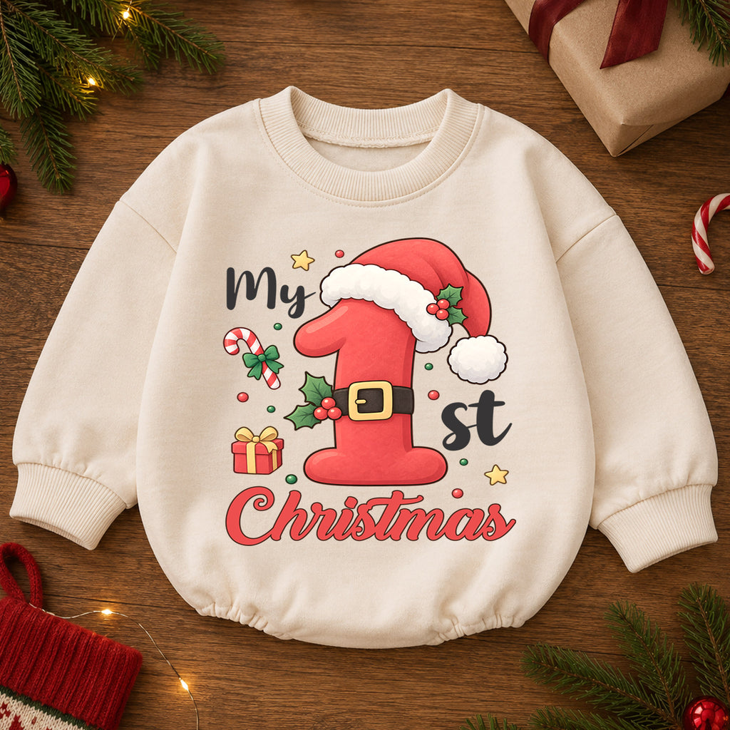My 1st Christmas Baby Romper, Santa Number One Toddler Romper, First Holiday Christmas Outfit, Baby Xmas Romper Gift — product view 2