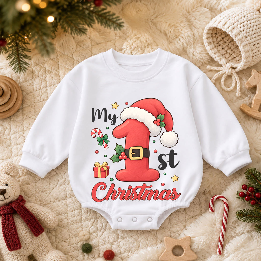 My 1st Christmas Baby Romper, Santa Number One Toddler Romper, First Holiday Christmas Outfit, Baby Xmas Romper Gift — product view 3