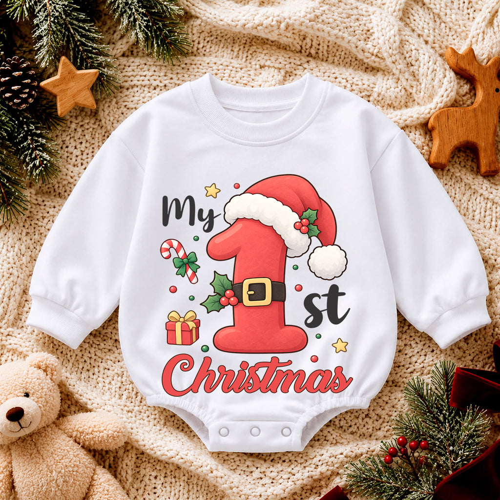My 1st Christmas Baby Romper, Santa Number One Toddler Romper, First Holiday Christmas Outfit, Baby Xmas Romper Gift — product view 4
