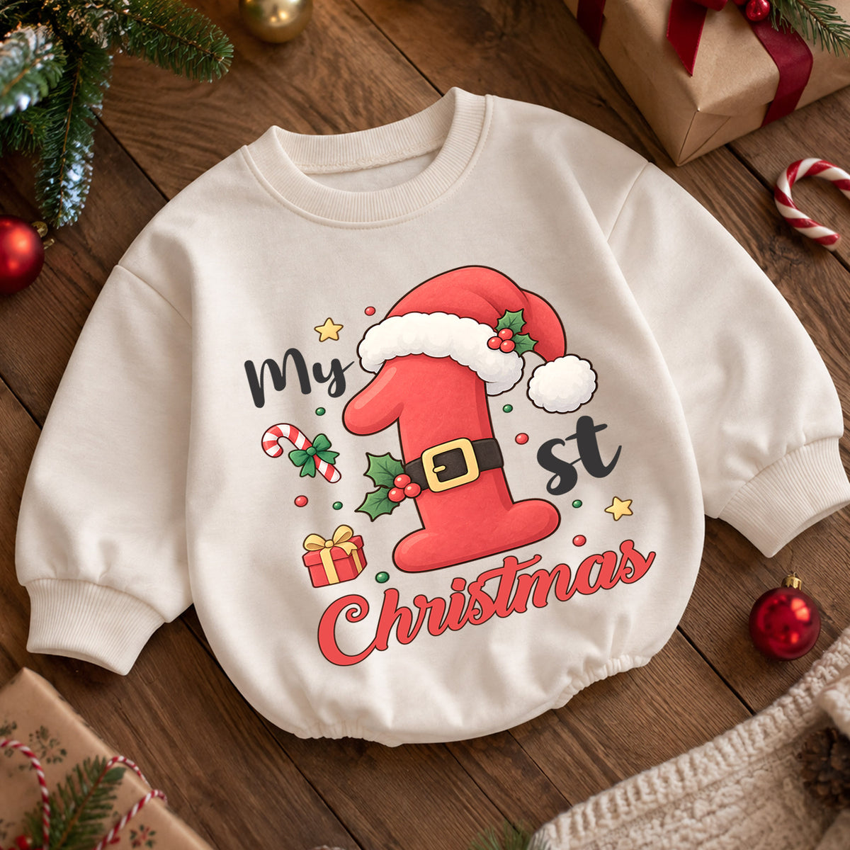 My 1st Christmas Baby Romper, Santa Number One Toddler Romper, First Holiday Christmas Outfit, Baby Xmas Romper Gift — product view 5