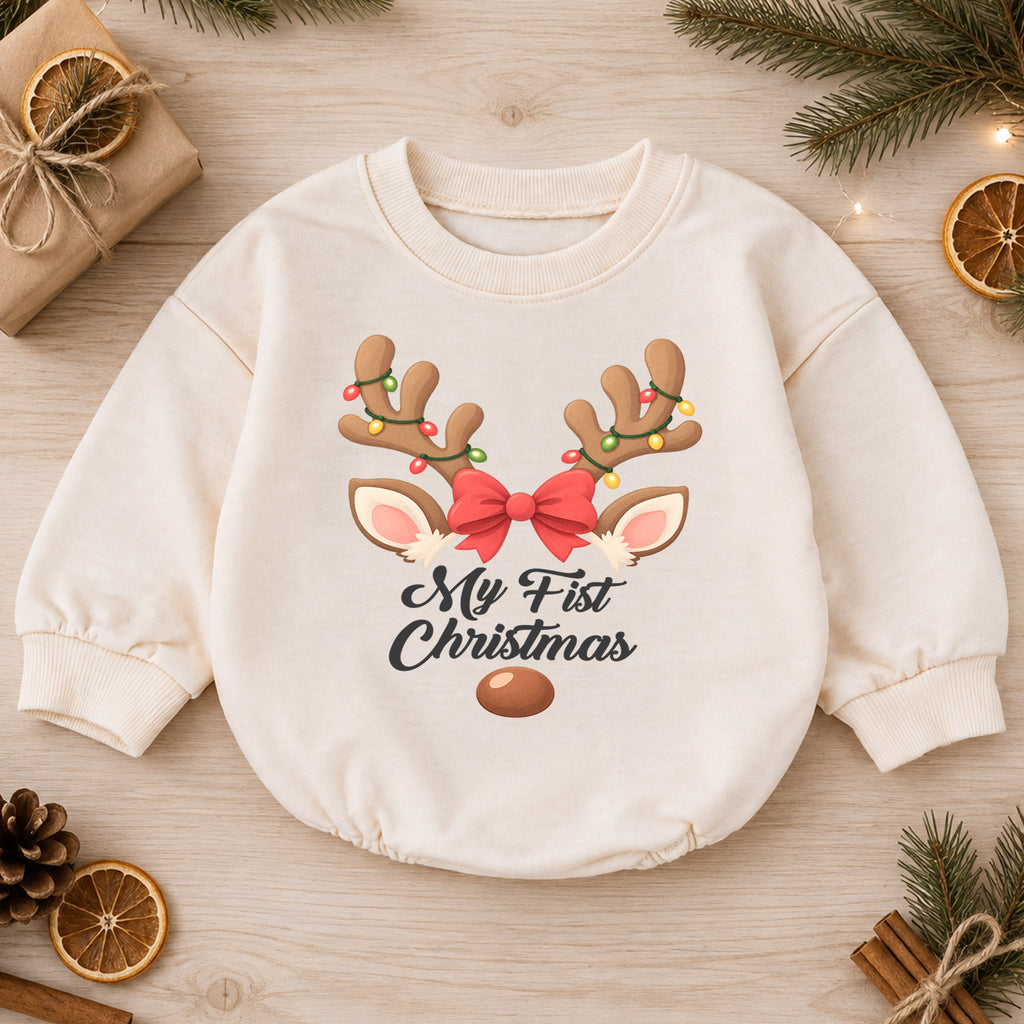My First Christmas Reindeer Romper, Baby Girl Holiday Outfit, Reindeer 1st Christmas Keepsake, Winter 1st Birthday Gift — product view 1