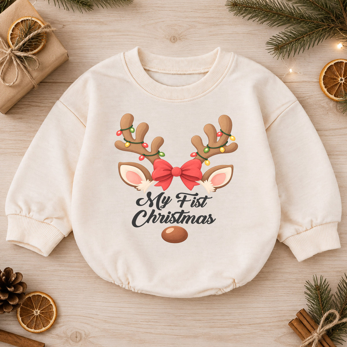 My First Christmas Reindeer Romper, Baby Girl Holiday Outfit, Reindeer 1st Christmas Keepsake, Winter 1st Birthday Gift — product view 1