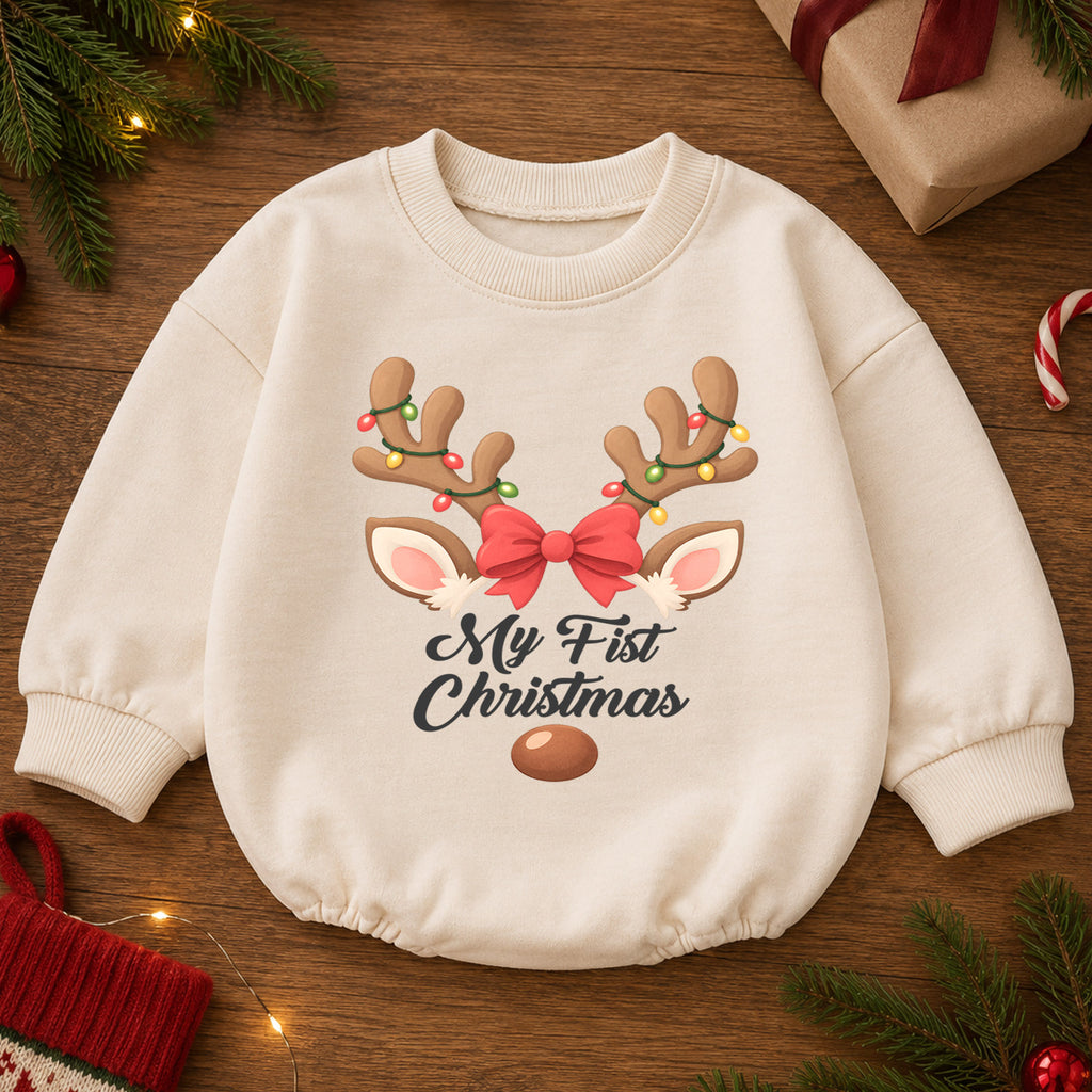 My First Christmas Reindeer Romper, Baby Girl Holiday Outfit, Reindeer 1st Christmas Keepsake, Winter 1st Birthday Gift — product view 2