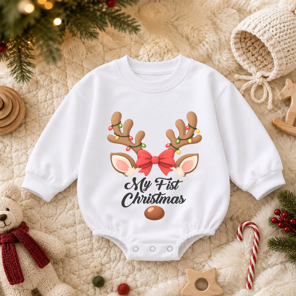 My First Christmas Reindeer Romper, Baby Girl Holiday Outfit, Reindeer 1st Christmas Keepsake, Winter 1st Birthday Gift — product view 3