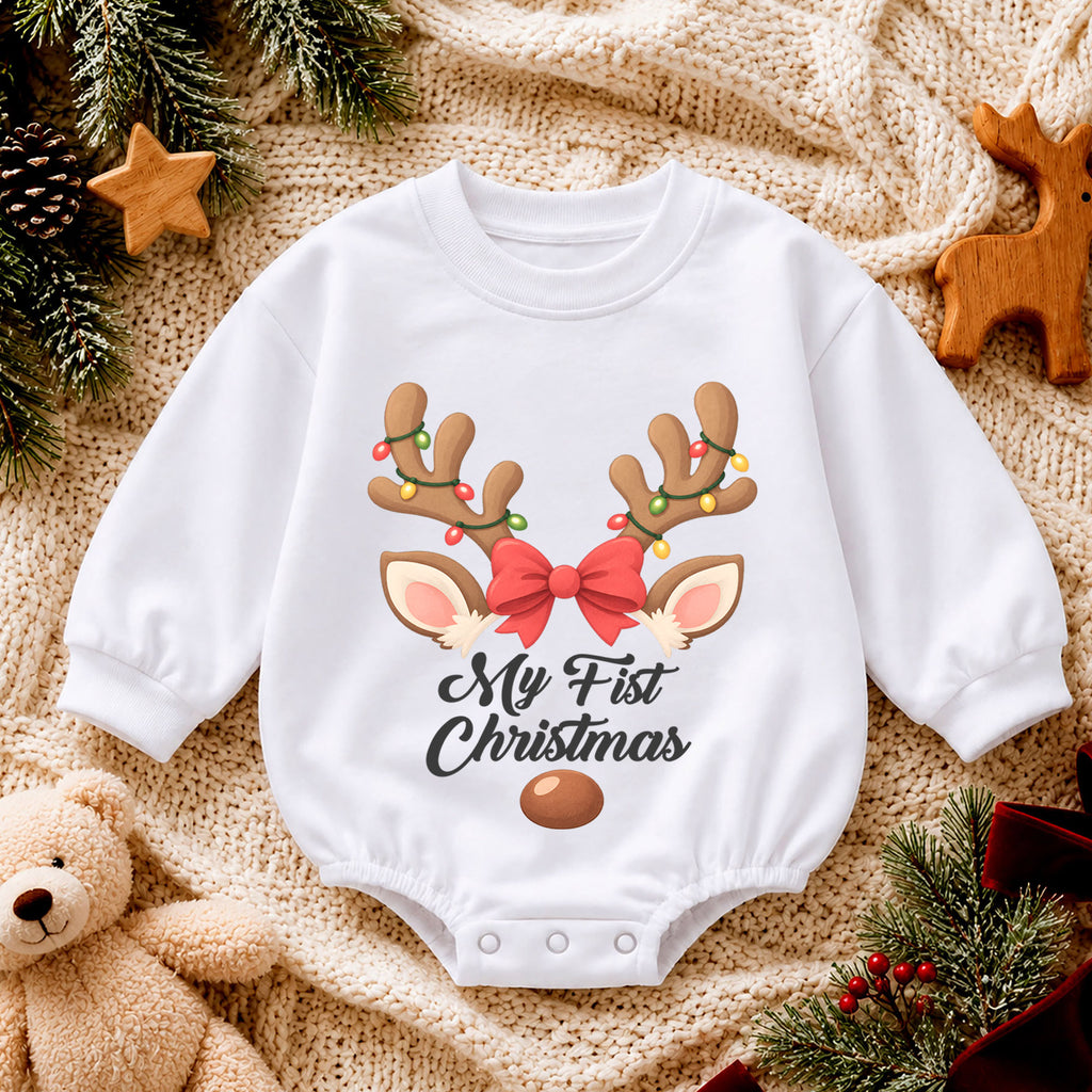 My First Christmas Reindeer Romper, Baby Girl Holiday Outfit, Reindeer 1st Christmas Keepsake, Winter 1st Birthday Gift — product view 4