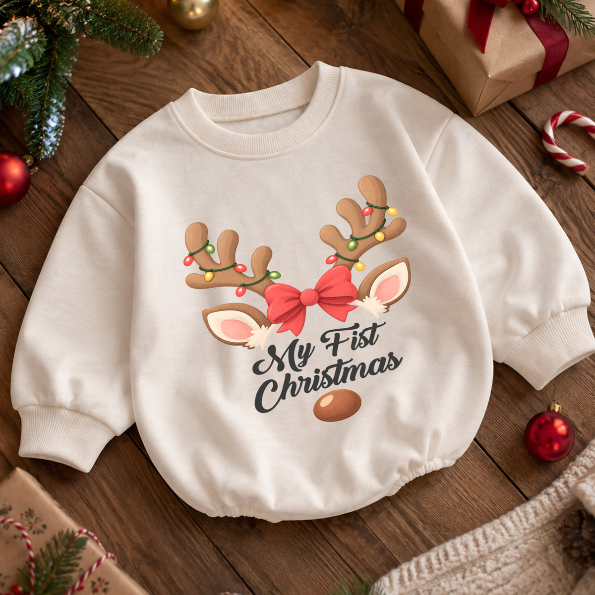 My First Christmas Reindeer Romper, Baby Girl Holiday Outfit, Reindeer 1st Christmas Keepsake, Winter 1st Birthday Gift — product view 5