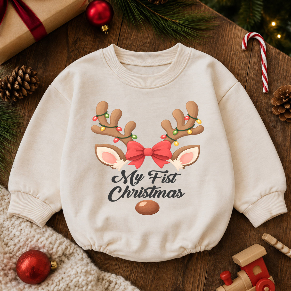 My First Christmas Reindeer Romper, Baby Girl Holiday Outfit, Reindeer 1st Christmas Keepsake, Winter 1st Birthday Gift — product view 6