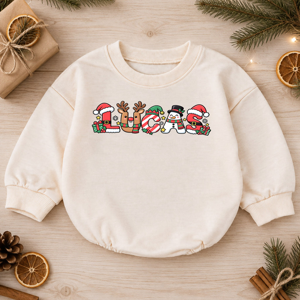 Personalized Name Christmas Romper, Cute Reindeer Snowman Holiday Letters, My First Birthday Outfit, 1st Christmas Baby Gift — product view 1