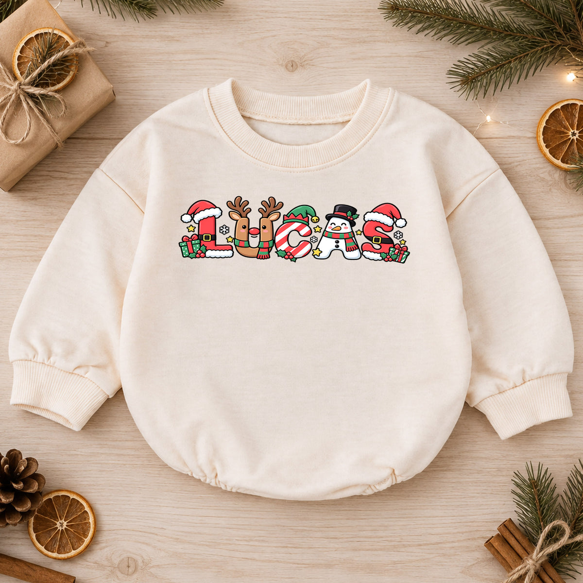 Personalized Name Christmas Romper, Cute Reindeer Snowman Holiday Letters, My First Birthday Outfit, 1st Christmas Baby Gift — product view 1
