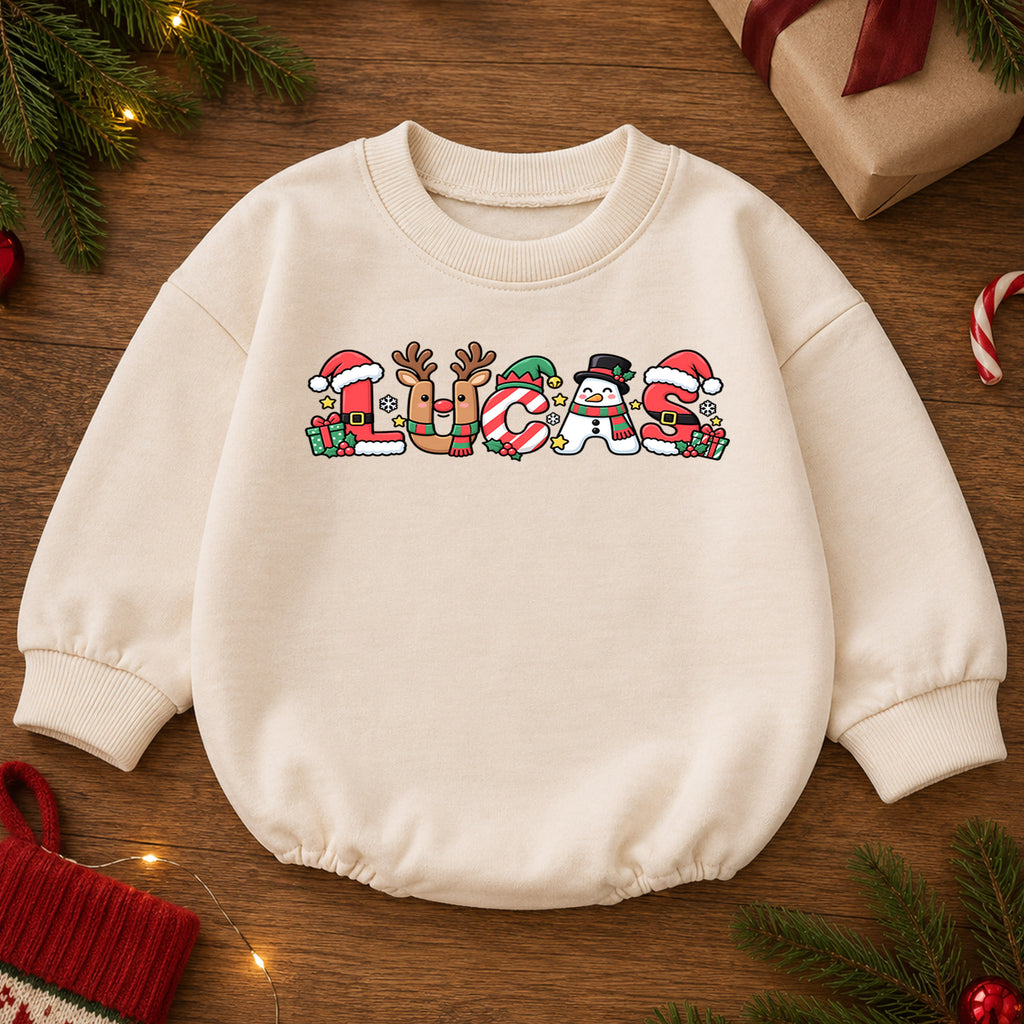Personalized Name Christmas Romper, Cute Reindeer Snowman Holiday Letters, My First Birthday Outfit, 1st Christmas Baby Gift — product view 2