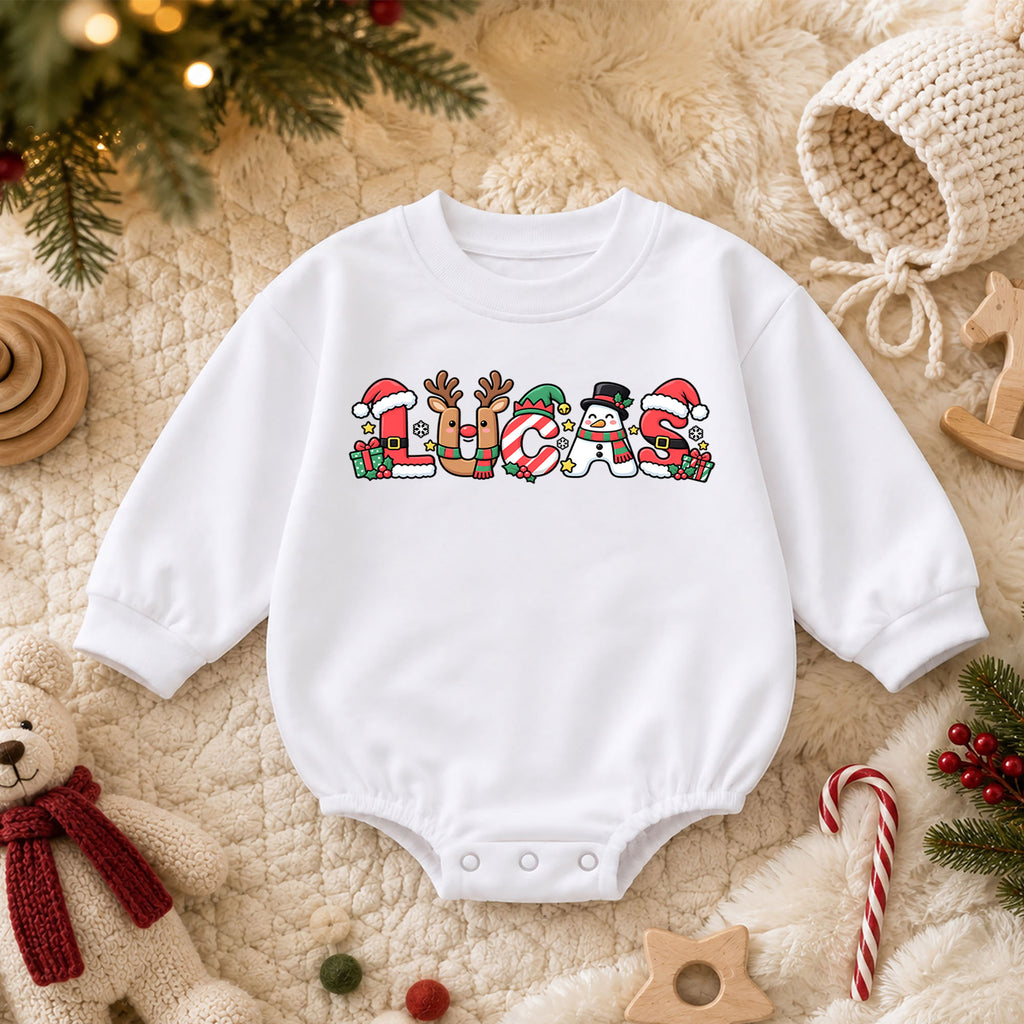 Personalized Name Christmas Romper, Cute Reindeer Snowman Holiday Letters, My First Birthday Outfit, 1st Christmas Baby Gift — product view 3