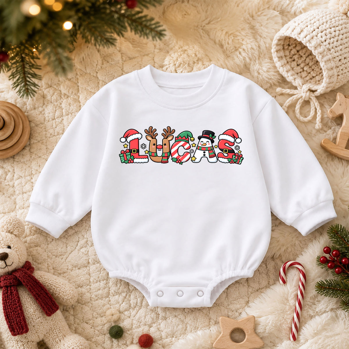 Personalized Name Christmas Romper, Cute Reindeer Snowman Holiday Letters, My First Birthday Outfit, 1st Christmas Baby Gift — product view 3