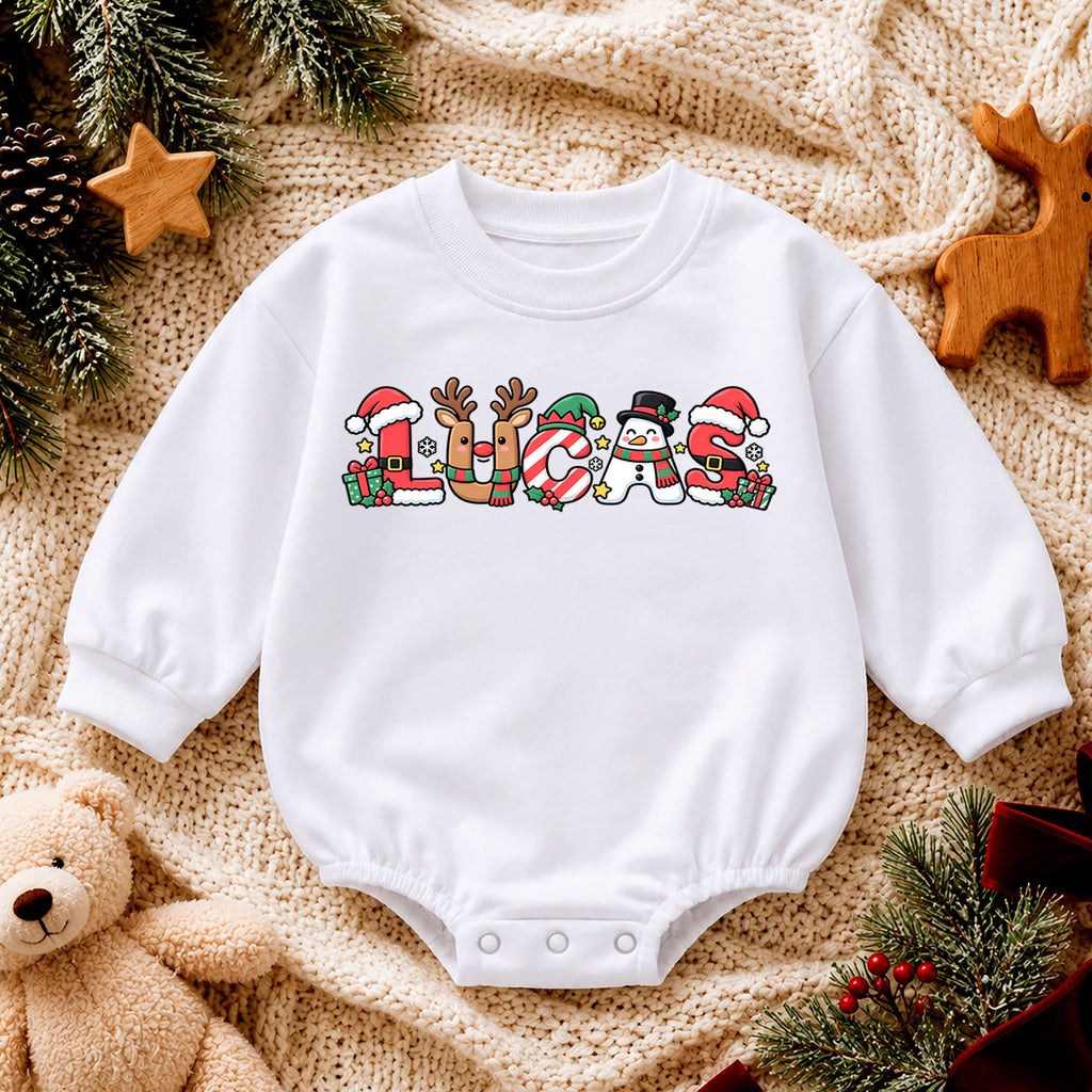 Personalized Name Christmas Romper, Cute Reindeer Snowman Holiday Letters, My First Birthday Outfit, 1st Christmas Baby Gift — product view 4