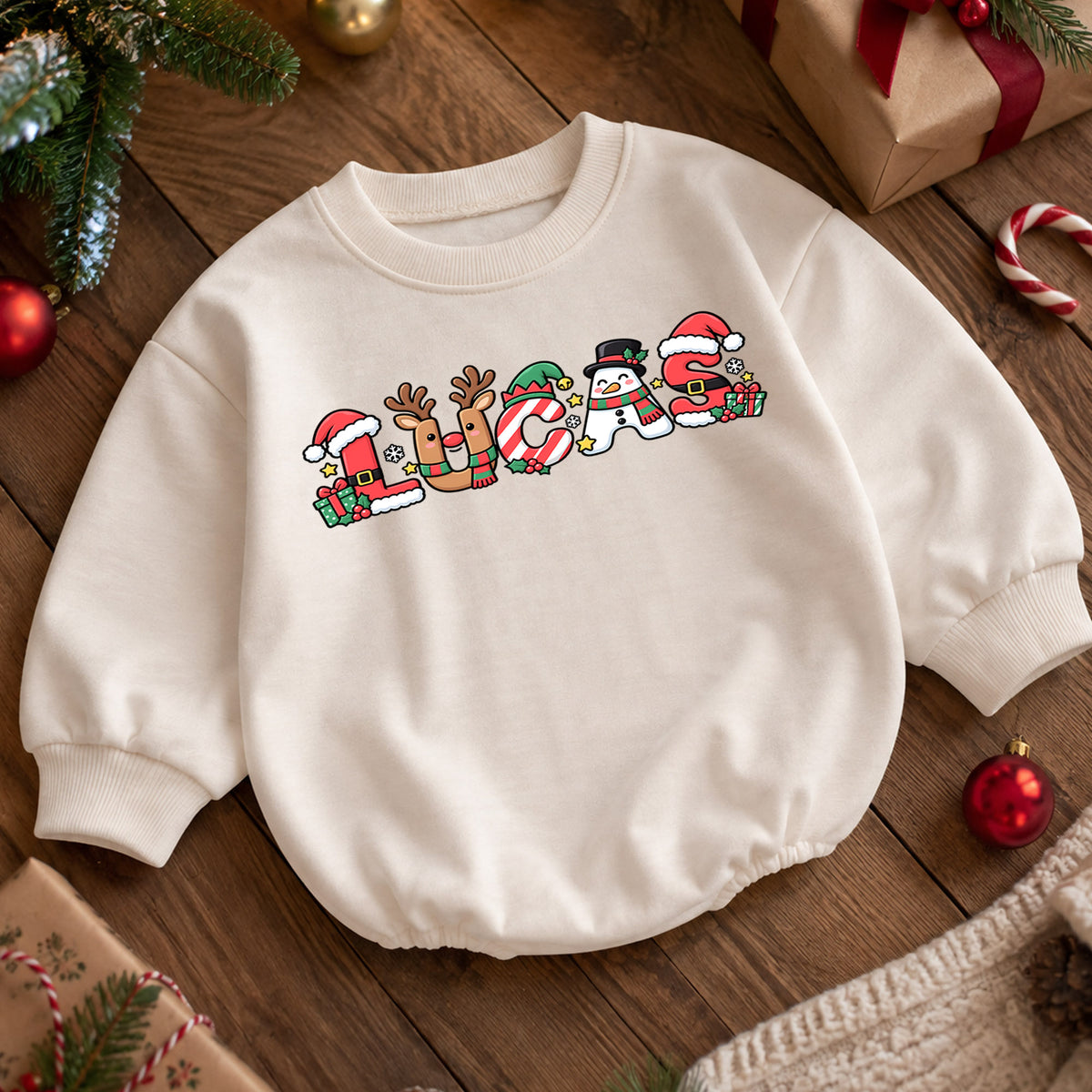 Personalized Name Christmas Romper, Cute Reindeer Snowman Holiday Letters, My First Birthday Outfit, 1st Christmas Baby Gift — product view 5