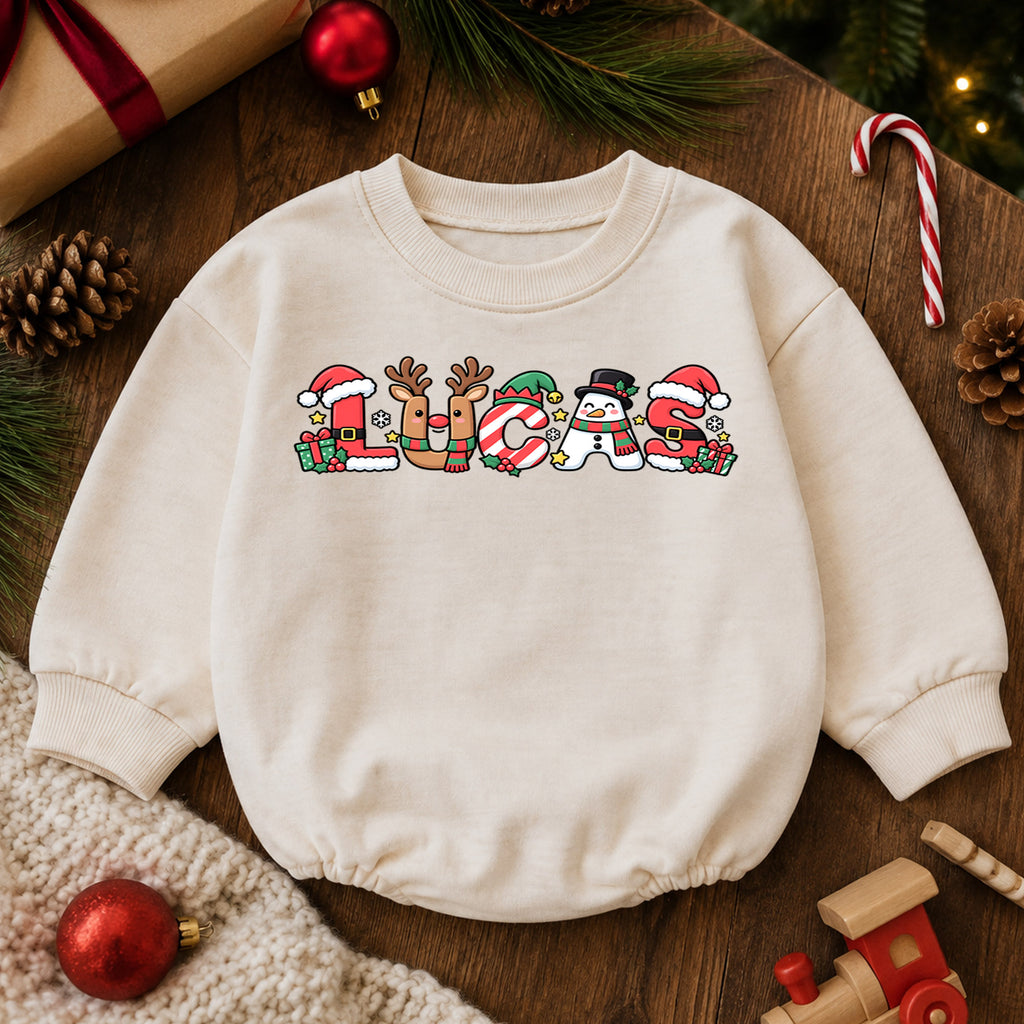 Personalized Name Christmas Romper, Cute Reindeer Snowman Holiday Letters, My First Birthday Outfit, 1st Christmas Baby Gift — product view 6