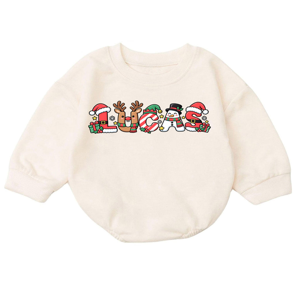 Personalized Name Christmas Romper, Cute Reindeer Snowman Holiday Letters, My First Birthday Outfit, 1st Christmas Baby Gift — product view 7
