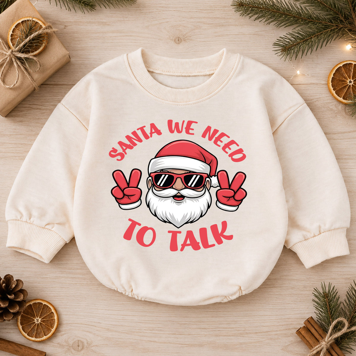 Santa We Need To Talk Romper, Funny Santa Christmas Baby Romper, Toddler Holiday Romper, Cute Christmas Outfit Gift — product view 1