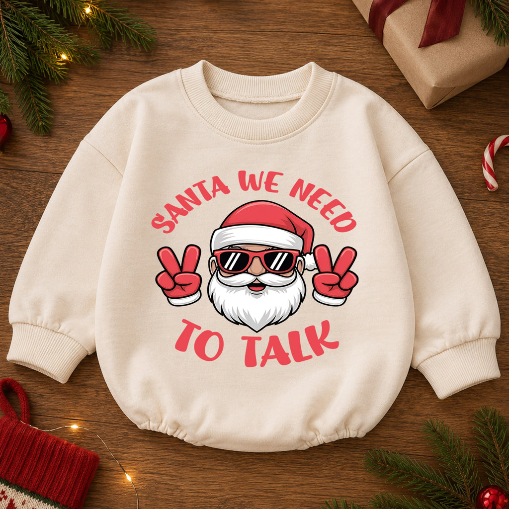 Santa We Need To Talk Romper, Funny Santa Christmas Baby Romper, Toddler Holiday Romper, Cute Christmas Outfit Gift — product view 2