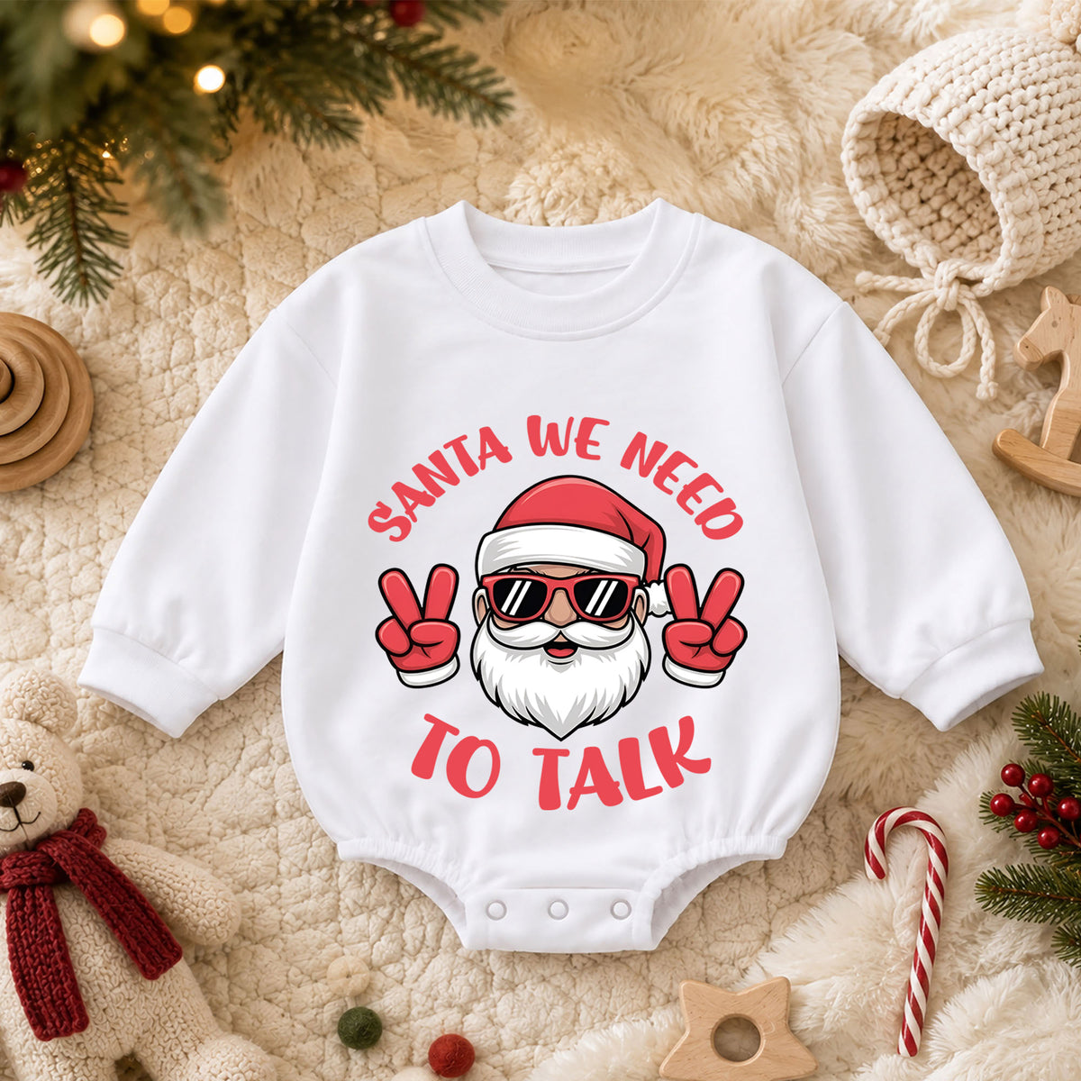Santa We Need To Talk Romper, Funny Santa Christmas Baby Romper, Toddler Holiday Romper, Cute Christmas Outfit Gift — product view 3