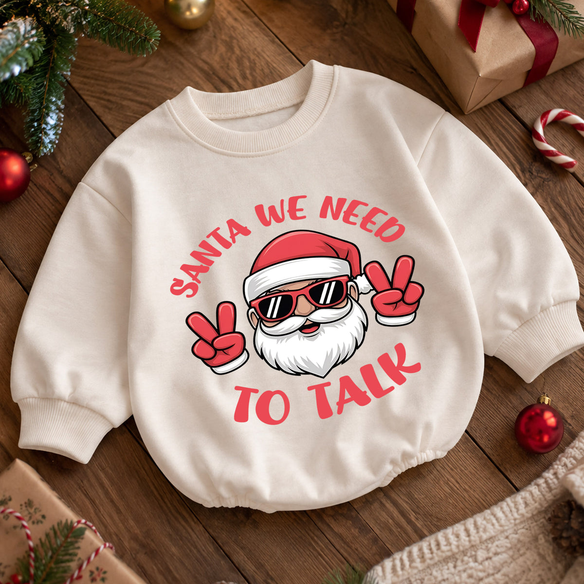 Santa We Need To Talk Romper, Funny Santa Christmas Baby Romper, Toddler Holiday Romper, Cute Christmas Outfit Gift — product view 5