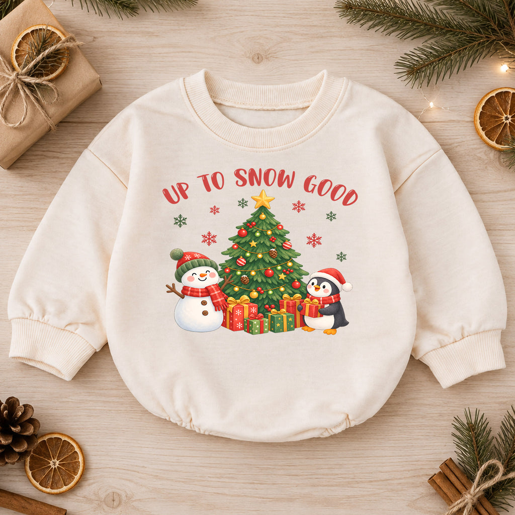 Up To Snow Good Christmas Romper, Snowman Penguin Baby Romper, Toddler Winter Holiday Romper, Cute Christmas Outfit Gift — product view 1