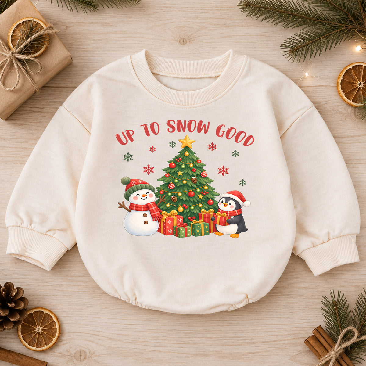 Up To Snow Good Christmas Romper, Snowman Penguin Baby Romper, Toddler Winter Holiday Romper, Cute Christmas Outfit Gift — product view 1