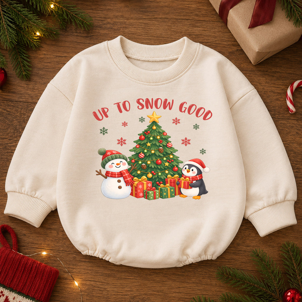 Up To Snow Good Christmas Romper, Snowman Penguin Baby Romper, Toddler Winter Holiday Romper, Cute Christmas Outfit Gift — product view 2