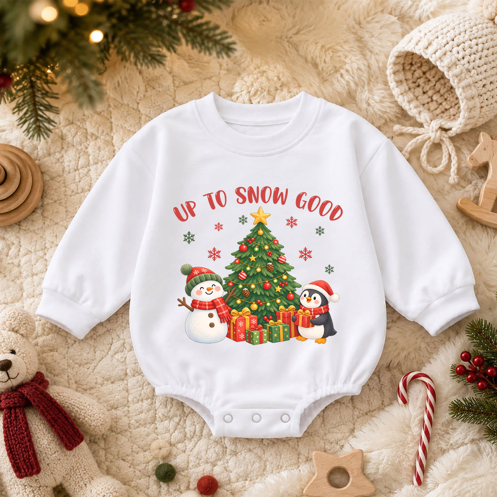 Up To Snow Good Christmas Romper, Snowman Penguin Baby Romper, Toddler Winter Holiday Romper, Cute Christmas Outfit Gift — product view 3