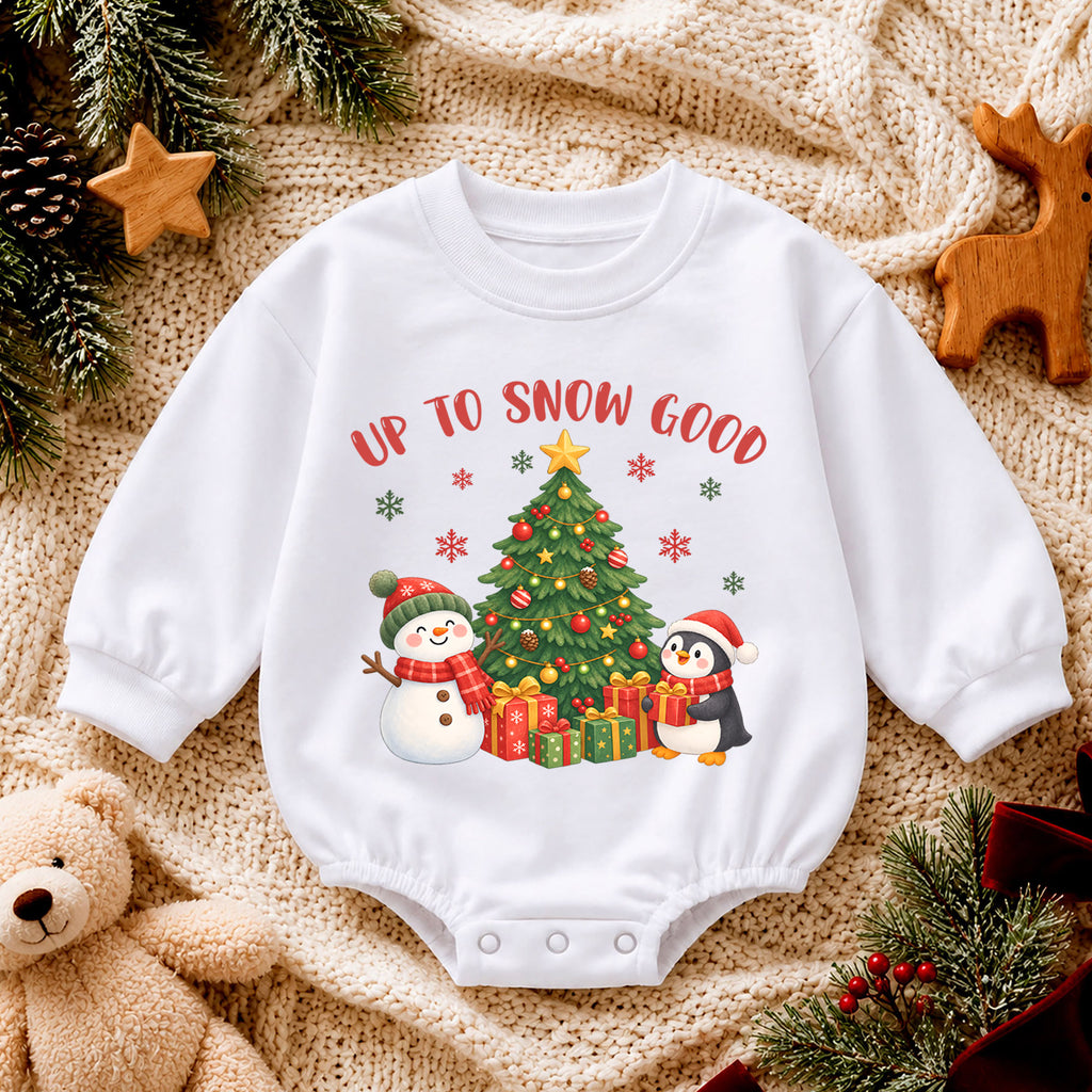 Up To Snow Good Christmas Romper, Snowman Penguin Baby Romper, Toddler Winter Holiday Romper, Cute Christmas Outfit Gift — product view 4