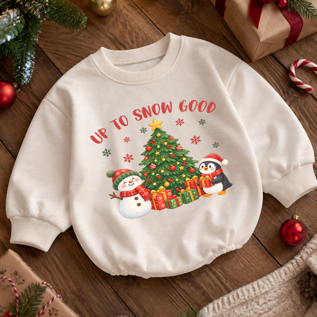 Up To Snow Good Christmas Romper, Snowman Penguin Baby Romper, Toddler Winter Holiday Romper, Cute Christmas Outfit Gift — product view 5