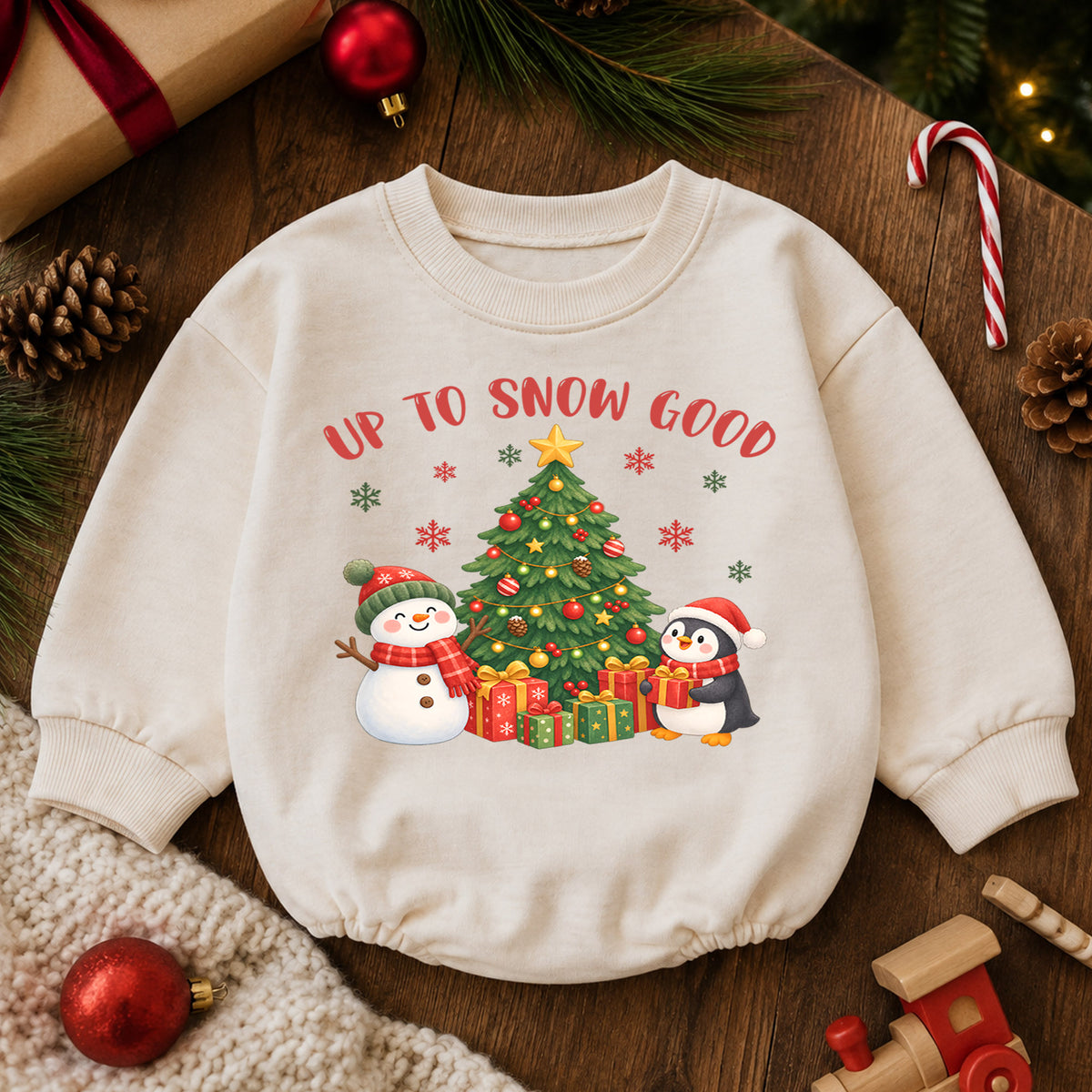 Up To Snow Good Christmas Romper, Snowman Penguin Baby Romper, Toddler Winter Holiday Romper, Cute Christmas Outfit Gift — product view 6