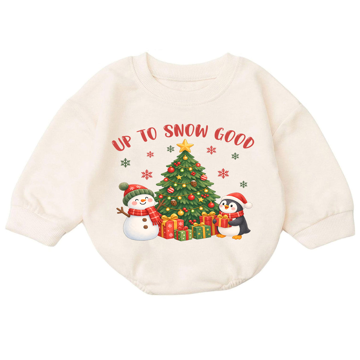 Up To Snow Good Christmas Romper, Snowman Penguin Baby Romper, Toddler Winter Holiday Romper, Cute Christmas Outfit Gift — product view 7
