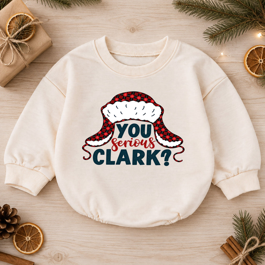 You Serious Clark Christmas Romper, Funny Holiday Quote Romper, Buffalo Plaid Winter Hat Romper, Christmas Baby Outfit Gift — product view 1