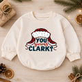 You Serious Clark Christmas Romper, Funny Holiday Quote Romper, Buffalo Plaid Winter Hat Romper, Christmas Baby Outfit Gift — product view 1