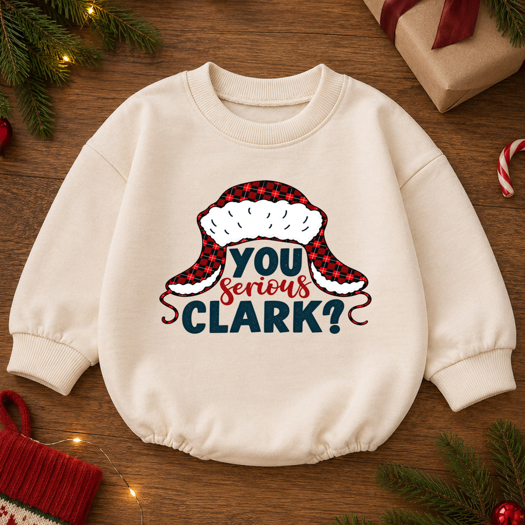 You Serious Clark Christmas Romper, Funny Holiday Quote Romper, Buffalo Plaid Winter Hat Romper, Christmas Baby Outfit Gift — product view 2