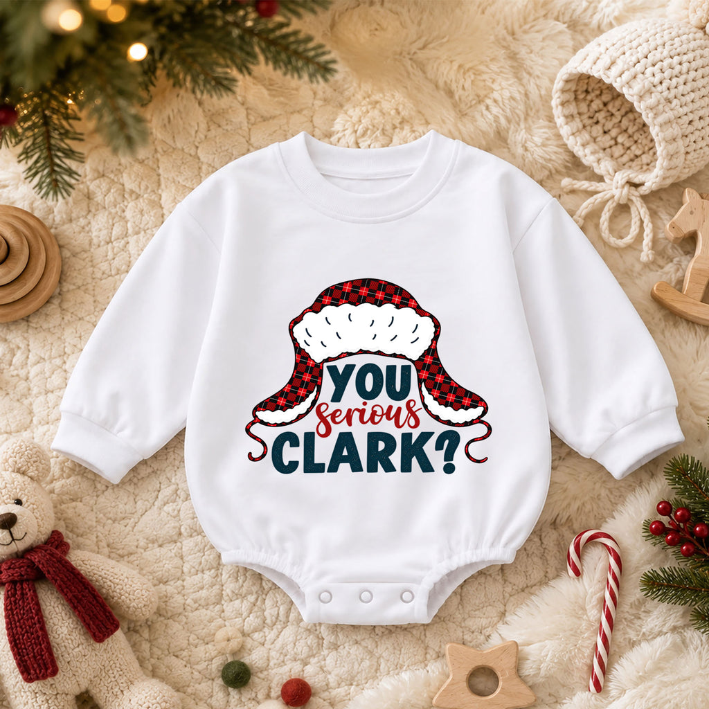 You Serious Clark Christmas Romper, Funny Holiday Quote Romper, Buffalo Plaid Winter Hat Romper, Christmas Baby Outfit Gift — product view 3