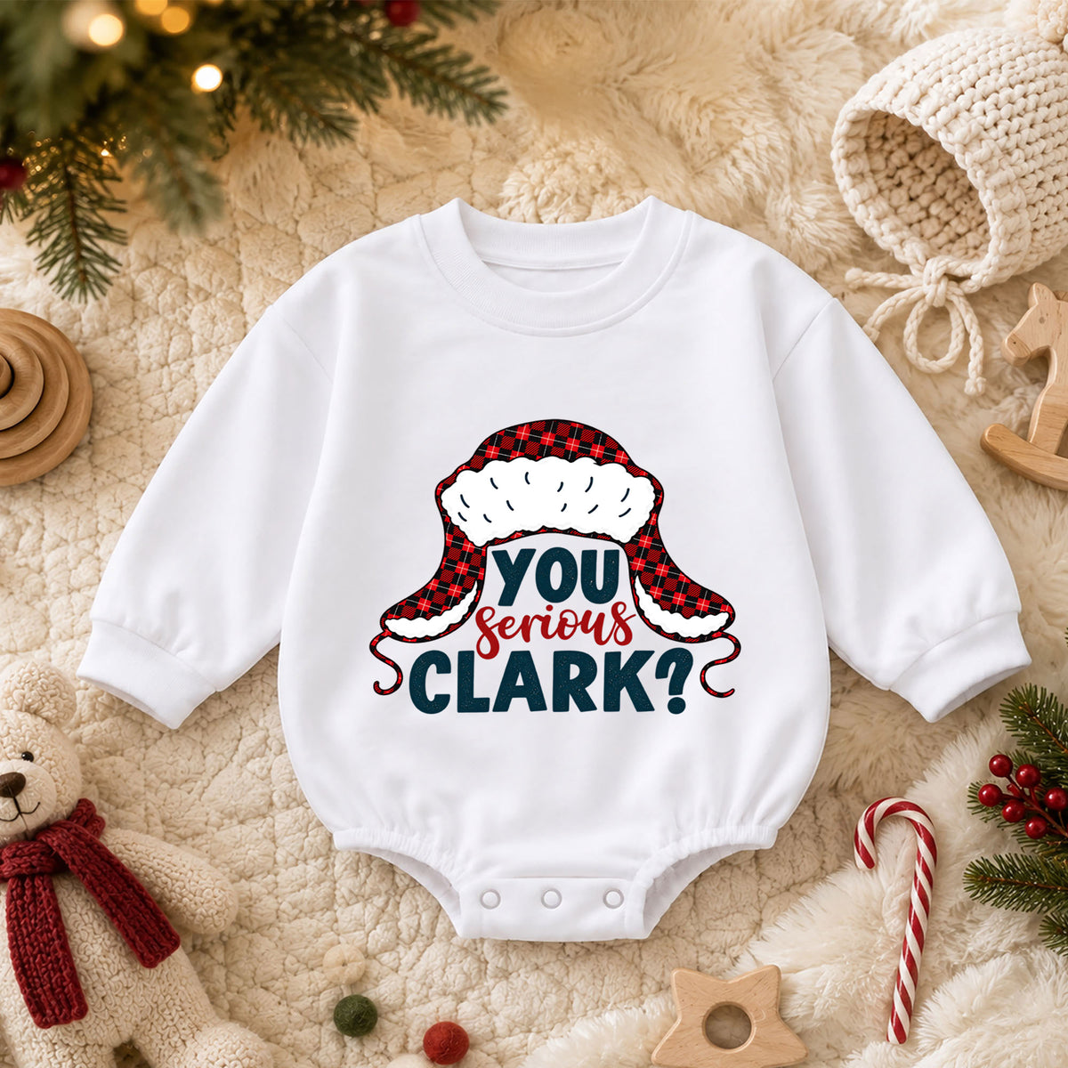 You Serious Clark Christmas Romper, Funny Holiday Quote Romper, Buffalo Plaid Winter Hat Romper, Christmas Baby Outfit Gift — product view 3
