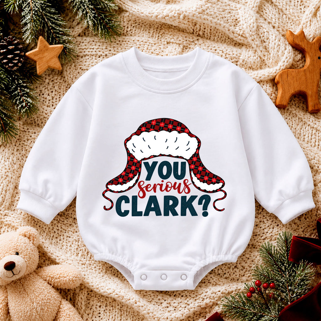 You Serious Clark Christmas Romper, Funny Holiday Quote Romper, Buffalo Plaid Winter Hat Romper, Christmas Baby Outfit Gift — product view 4
