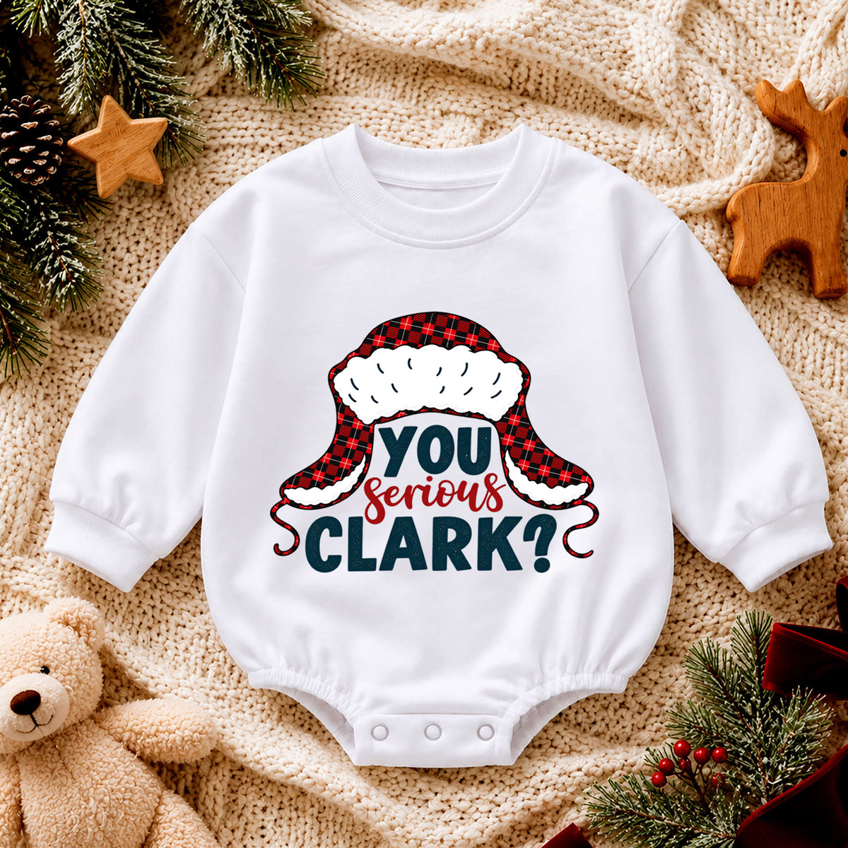 You Serious Clark Christmas Romper, Funny Holiday Quote Romper, Buffalo Plaid Winter Hat Romper, Christmas Baby Outfit Gift — product view 4