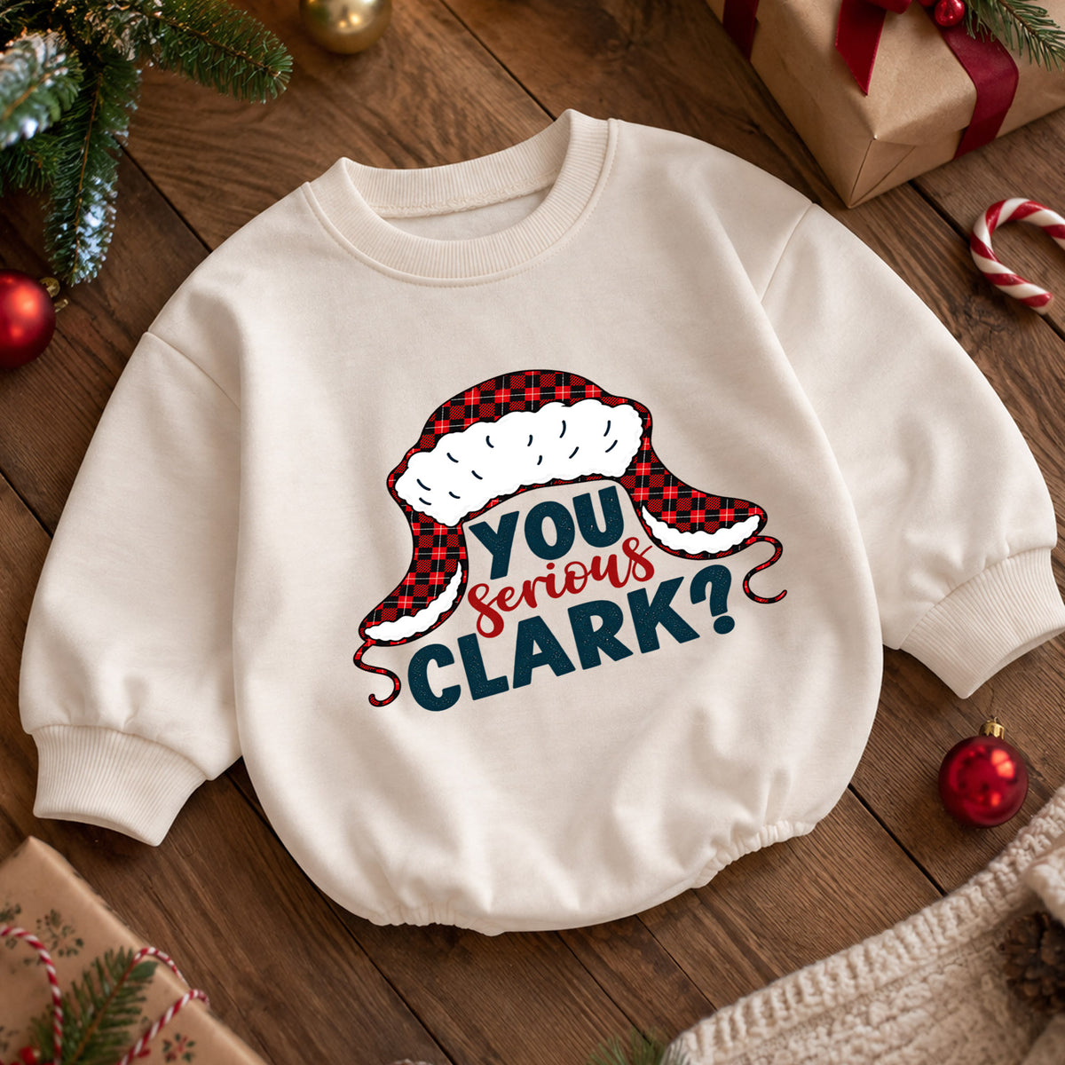 You Serious Clark Christmas Romper, Funny Holiday Quote Romper, Buffalo Plaid Winter Hat Romper, Christmas Baby Outfit Gift — product view 5